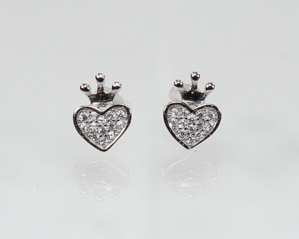Heart with crown earrings, silver 925