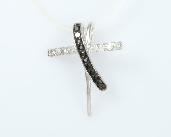 Women's 925 Silver Curved Cross with Black Small Crystals